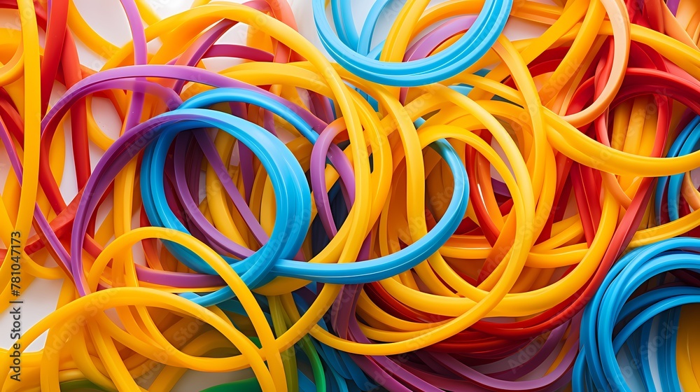 An overhead shot of brightly colored rubber bands arranged in a dynamic pattern on a plain, white surface, each band showcasing its vibrant hue.