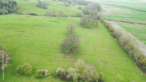 Drone view of field beside Rockingham Church in Northamptonshire, England. photo