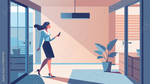 A busy professional rushes out of her apartment but not before checking her smartphone to make sure the climate control is set for her return.