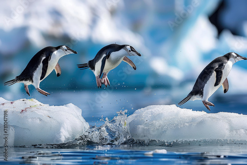 Penguins jumping off an ice floe into the ocean