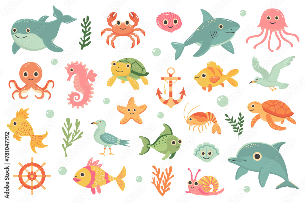 Fototapeta premium Cute sea animals set. Fish, wild marine animals and funny underwater creatures. Vector cartoon flat illustration.
