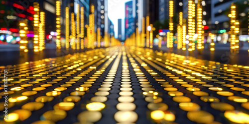 The image is a close up of a city street with a lot of lights and a lot of gold. The street is lined with many lights, and the gold is scattered throughout the scene. Scene is bright and lively photo
