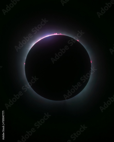Prominences radiating off the suns surface during totality in the total solar eclipse of 2024. Seen from Quebec Canada  