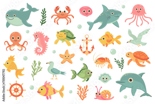 Fototapeta Naklejka Na Ścianę i Meble -  Cute sea animals set. Fish, wild marine animals and funny underwater creatures. Vector cartoon flat illustration.