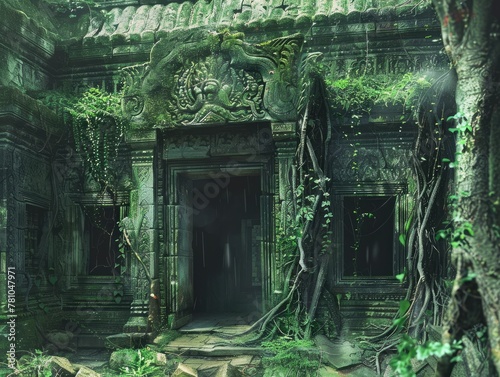 Ancient temple ruins overgrown with vegetable plants