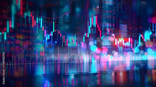 Stock Market Trends Under Blue and Purple Neon Glow, Financial Illustration in Dynamic Perspective and Depth