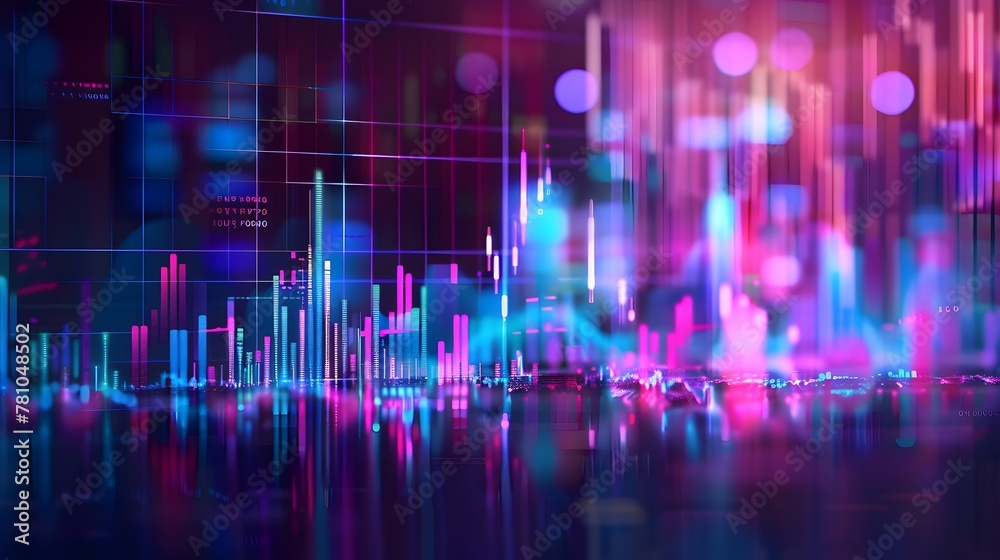 Stock Market Trends Under Blue and Purple Neon Glow, Financial Illustration in Dynamic Perspective and Depth Stock Market Trends Under Blue and Purple Neon Glow, Financial Illustration in Dynamic Perspective and Depth