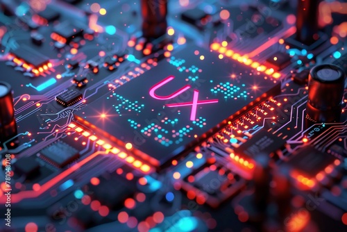 High-tech microchip circuit board featuring the acronym UX as a central design element, highlighting the importance of user experience in technological innovation