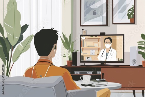 A cozy living room environment, speaking with a doctor through a video call for medical guidance and reassurance