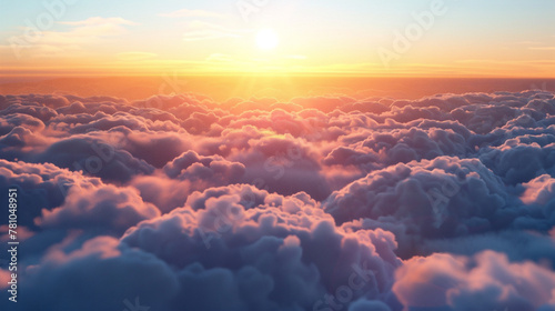 Soar above fluffy clouds at sunset, bathed in the warm glow of a bright blue sky. This realistic scene captures a smooth, calm mood with a deep focus on the breathtaking view. photo
