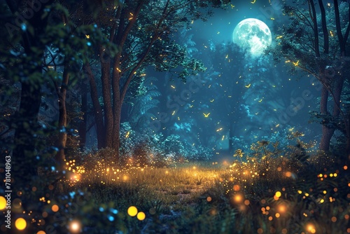 A serene forest clearing illuminated by glowing fireflies and shimmering moonlight ,close-up,ultra HD,digital photography © Oranuch