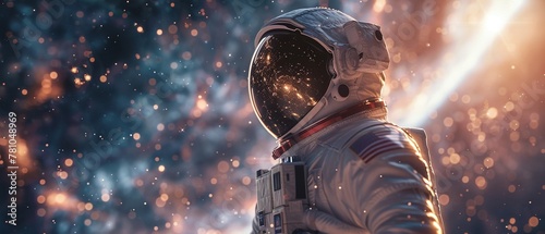 Astronaut gazing out at the vast expanse of the universe from their visorcovered helmet ,3DCG,high resulution,clean sharp focus photo