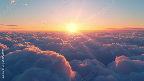 Sunset Panorama: Witness a breathtaking vista from above the clouds. Sunsets paint the clear blue sky in vibrant hues, while a deep focus photo