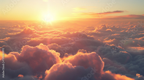 Bathed in the warm glow of sunset, a smooth flight path unfolds above the clouds. Deep focus highlights the details of the bright blue sky and creates a realistic sense of calm.