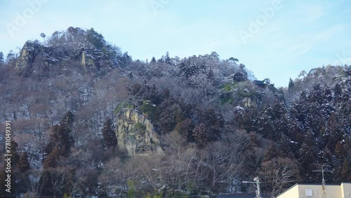 Snowy Mountain of Yamadera with Temple in Japanese Countryside, Winter View photo