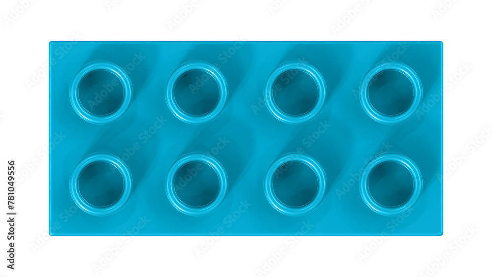 Fototapeta premium Cyan Blue Lego Block Isolated on a White Background. Close Up View of a Plastic Children Game Brick for Constructors, Top View. High Quality 3D Rendering with a Work Path. 8K Ultra HD, 7680x4320