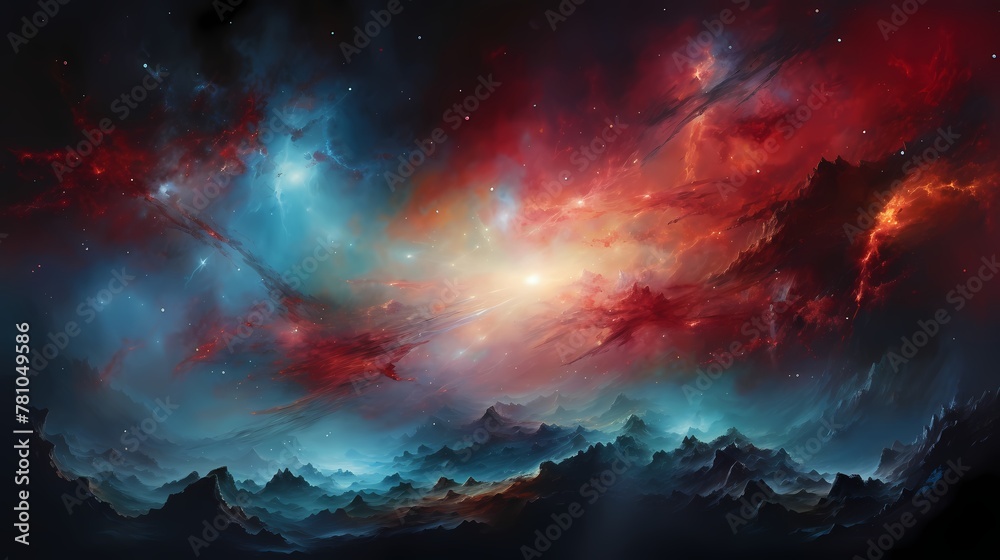 A symphony of ruby and turquoise sweeps across the canvas of the cosmos.