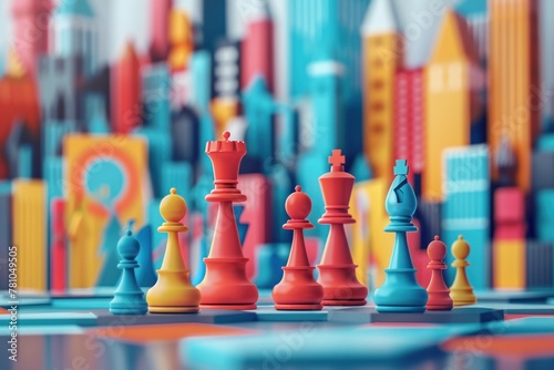 A colorful cityscape with a group of chess pieces on a board photo