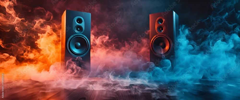 Two sound speakers with sound wave between them on black , generative ai.