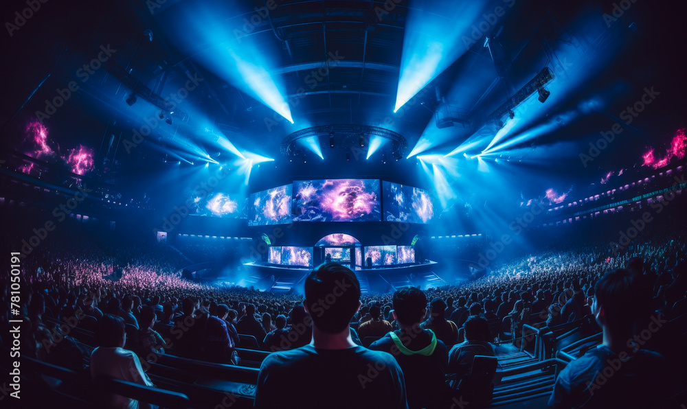 Thrilling E-Sports Spectacle: Packed Arena, Rapt Audience, Intense Gaming Action