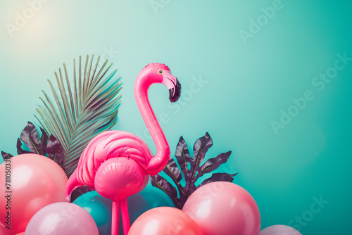 flamingo inflatable toy banner.In greem background.Banner, design photo