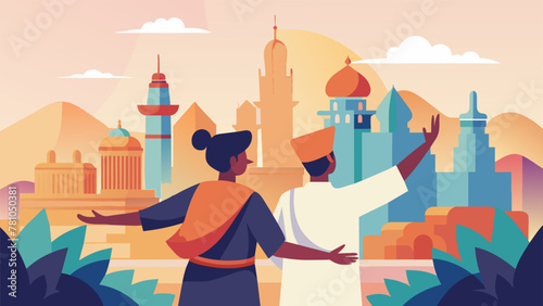 Two individuals of different ethnicities and backgrounds are seen exploring a new city together pointing out landmarks and trying local