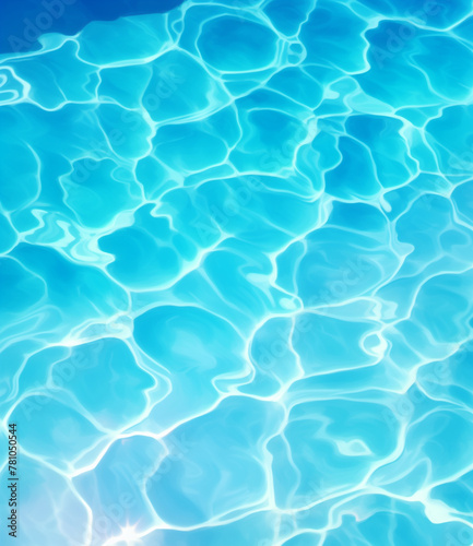 A photo of bright blue water in the pool  with ripples and reflections on its surface. This is a top-down view of the swimming pool  focusing only on its clear blue color. water under sunlight