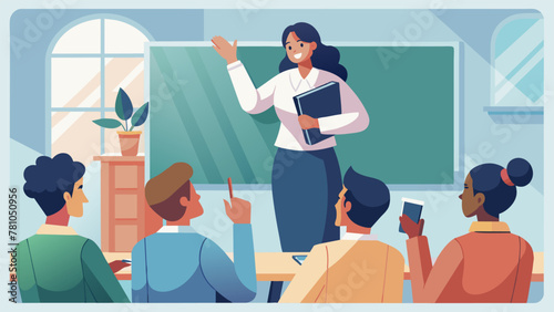 A group of students stand in front of a classroom confidently presenting their final project in a different language. Their teacher beams with