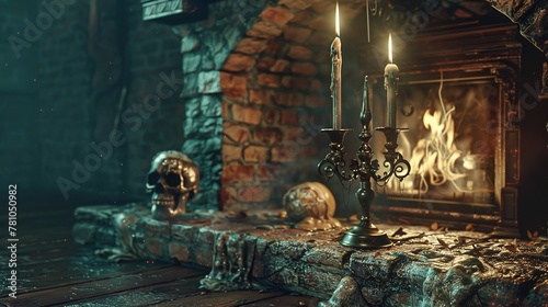 Skull and candlestick with candles in a mystical Halloween still life