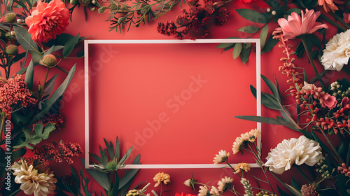 A white frame with a red rose in the center, surrounded by scattered red rose petals, rests on a deep red background.