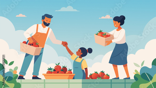 A happy family picking ripe tomatoes plump strawberries and crisp lettuces from their rooftop garden all neatly organized and proudly displayed