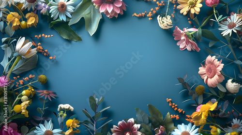 A vibrant assortment of colorful flowers in various shapes and sizes rest on a calming blue background. photo