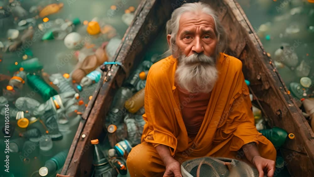 An elderly fisherman sitting in his boat, surrounded by plastic bottles and trash instead of fish,generative ai An elderly fisherman sitting in his boat, surrounded by plastic bottles and trash instead of fish,generative ai