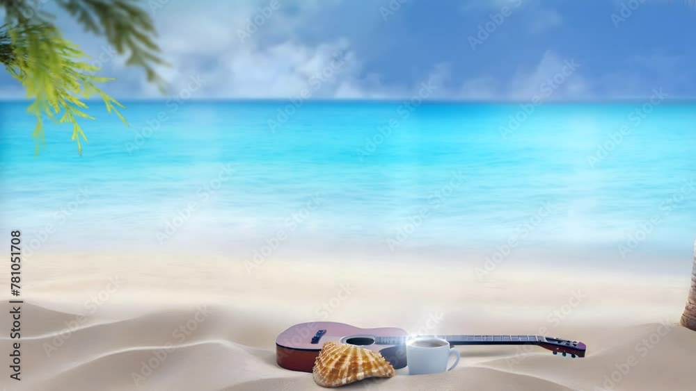 Coffee cup with acoustic guitar of water on the beach Coffee cup with acoustic guitar of water on the beach
