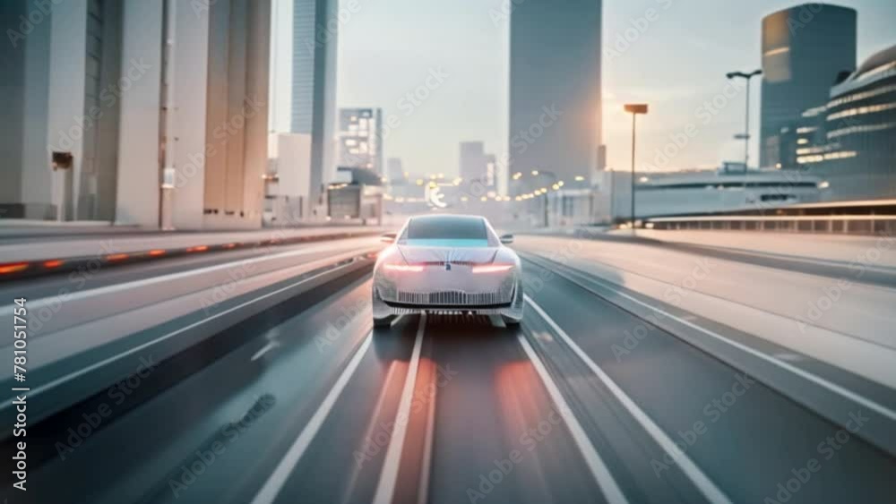 A 3D self-driving car moves automatically through a city highway. AI sensors scan the road ahead to find this vehicle A 3D self-driving car moves automatically through a city highway. AI sensors scan the road ahead to find this vehicle