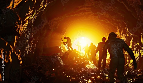 Mining workers in a tunneling tunnel in front of a light source. Generated by AI.