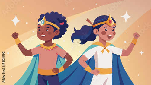 Two young children play dressup wearing brightly colored capes and headbands adorned with shimmering sequins and beads. Proudly declaring that
