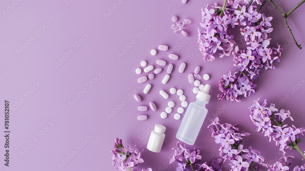 Over a soft lilac backdrop, anti-histamine medications and a nasal spray bottle are clustered beside lovely lilac blooms petals and space, Generative AI.