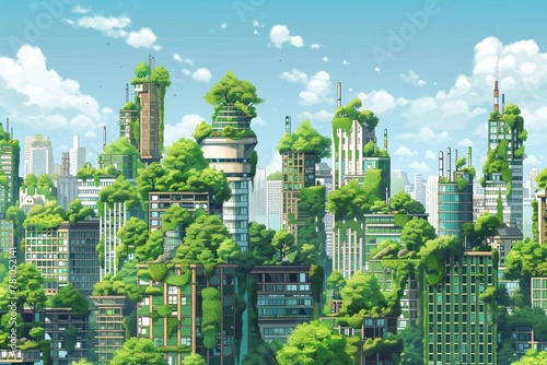 Illustration of a cityscape on a plant theme It features skyscrapers adorned with vertical gardens and rooftop green spaces.