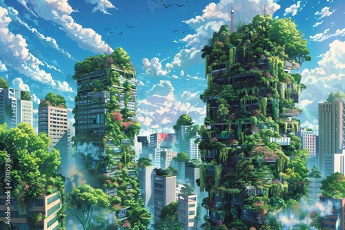 Illustration of a cityscape on a plant theme It features skyscrapers adorned with vertical gardens and rooftop green spaces.