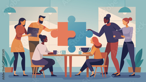 A group of friends gathered around a large puzzle in a busy coffee shop each person taking turns adding a new piece while enjoying their drinks