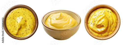 Three bowls with mustard sauce isolated on transparent background