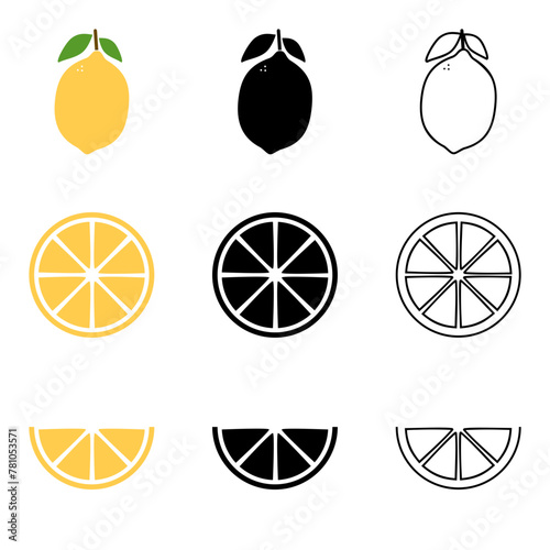 Lemon, slice and half-slice in colors, silhouette and line art SVG Icons Set