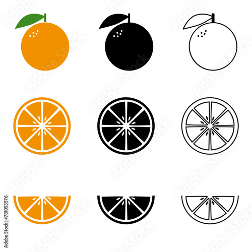 Orange, slice and half-slice in colors, silhouette and line art SVG Icons Set