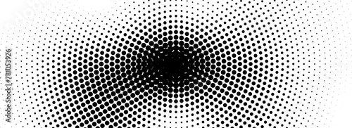 Radial halftone grunge fading texture. Vanishing dotted circle line background. Black pop art gradient backdrop. Retro old comic cartoon noise for poster, overlay, cover, print. Vector grain wallpaper