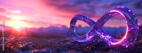 3D render of a red infinity symbol glowing with magical light against a fantasy background at sunset - Generative AI photo