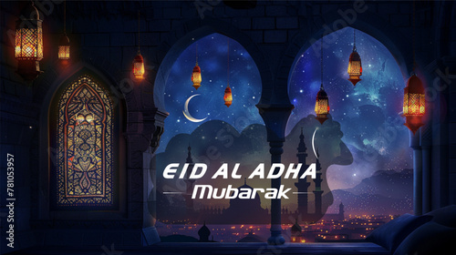Vector Eid Al Adha mubarak greeting card with moon, lantern and stars