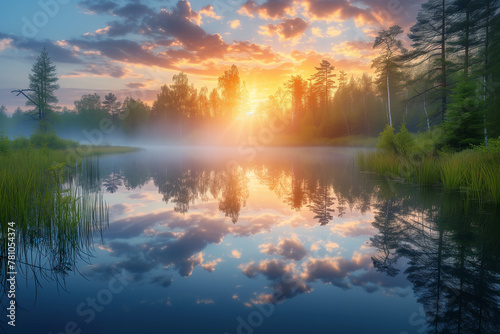 Gorgeous serene serene dawn summer landscape with sun rays, river, morning fog, and trees reflecting in the water. Wallpaper.