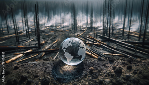 Global Impact of Deforestation: Globe Amidst Burnt Forest photo