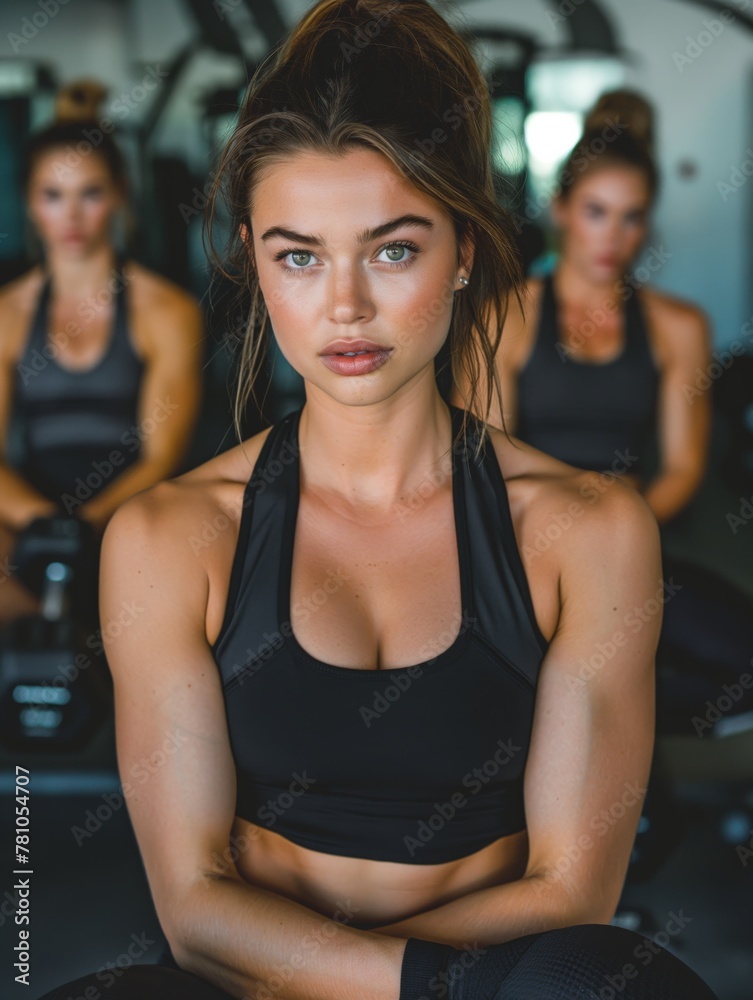 Confident woman posing in gym environment. A self-assured young woman is featured prominently against a gym backdrop, portraying strength and confidence